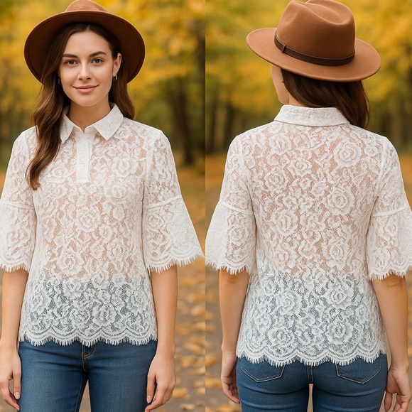 STYLEWE Boho Beige and White Lace Blouse Size Small - Picture 1 of 9